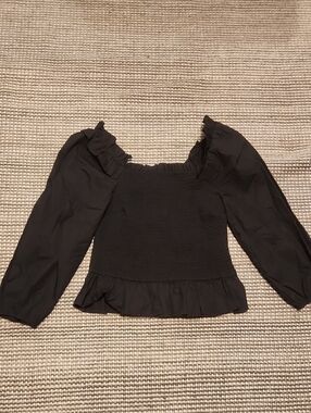Black Smocked Square-Neck Puff Sleeve Blouse